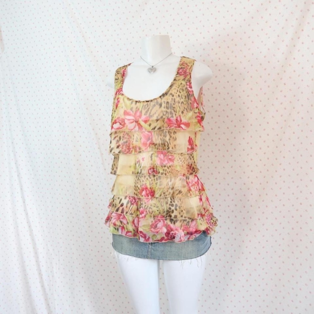 Eclipse Leopard Floral Ruffle Tank Top Y2K McBling - Picture 2 of 4